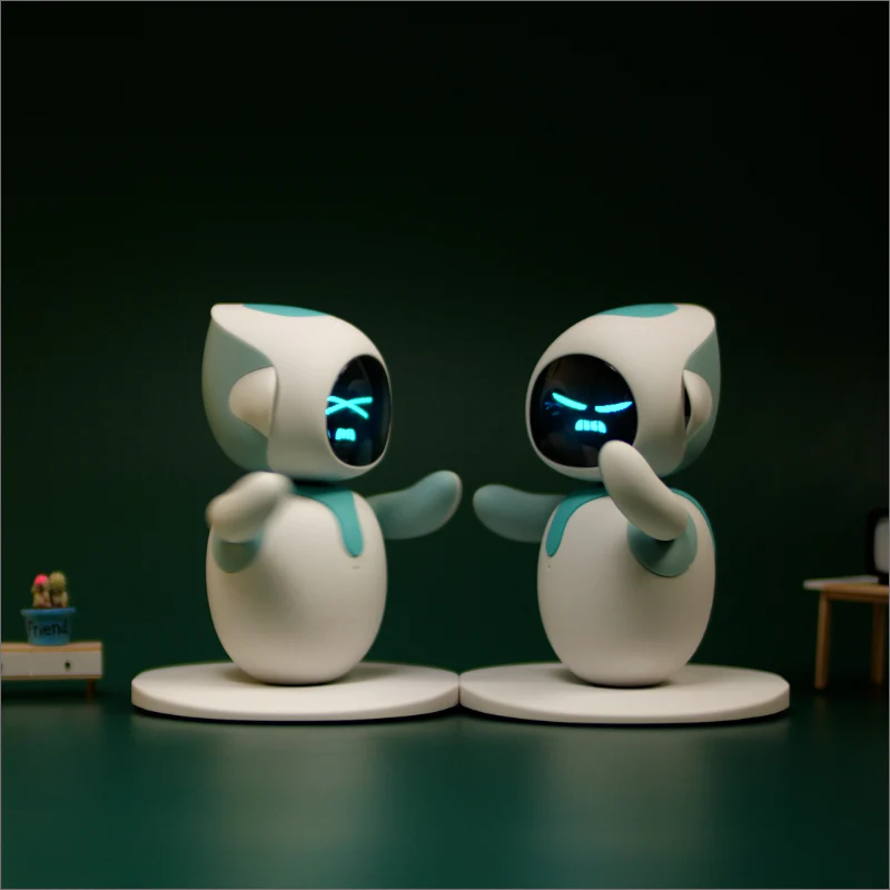 Two small robots with expressive faces.