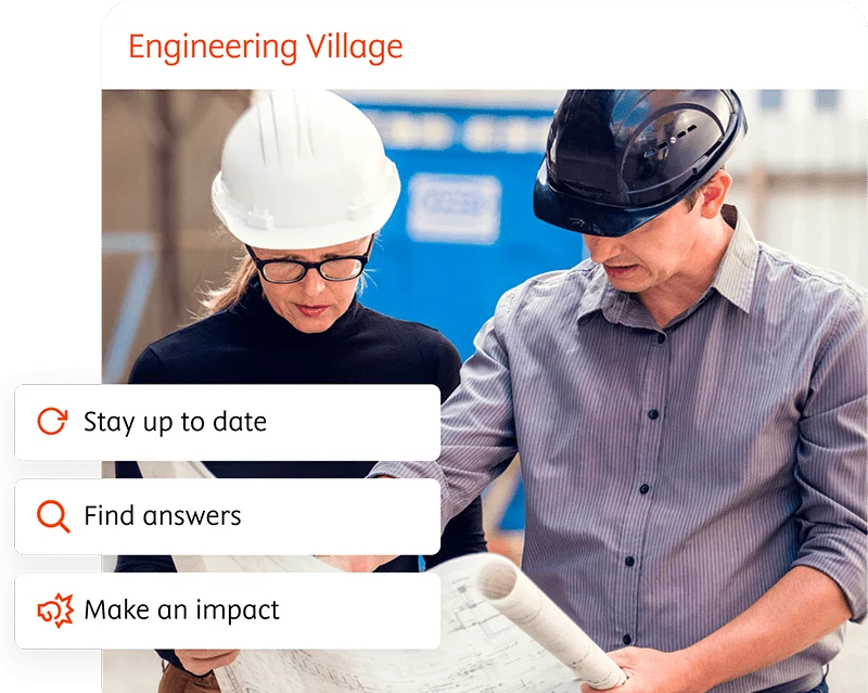 People in hardhats looking at a blueprint. Stay up to date, find answers and make an impact text on the side.