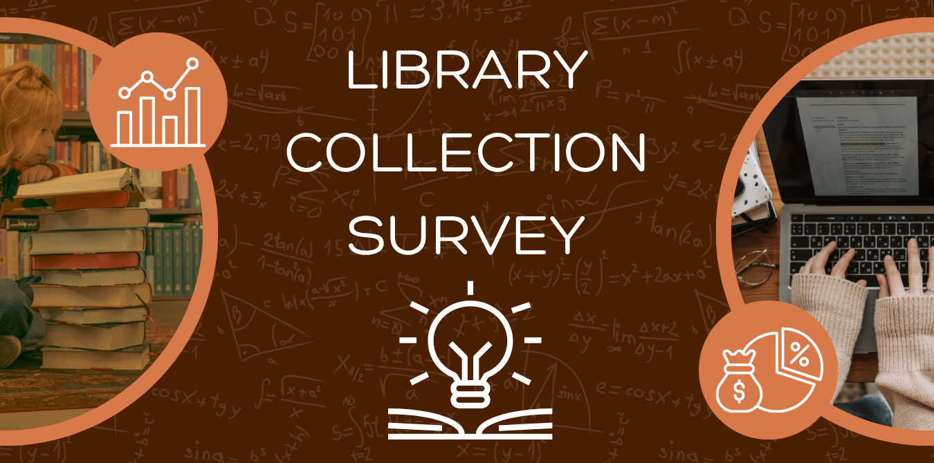 Library Collection survey ad.  Light bulb icon with a person reading a book and another using a laptop.