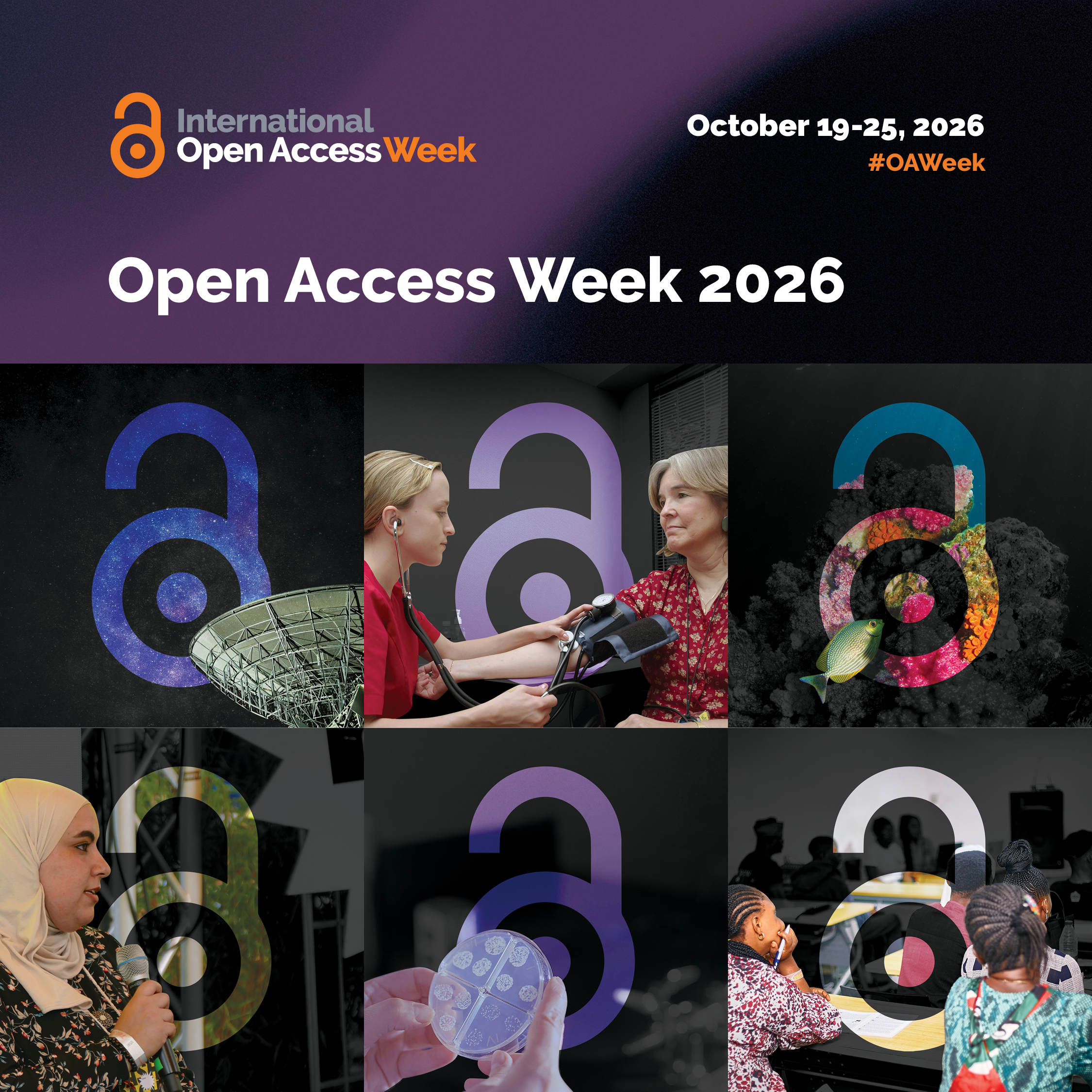Open access week unlocked lock icon on a grid with various backgrounds.